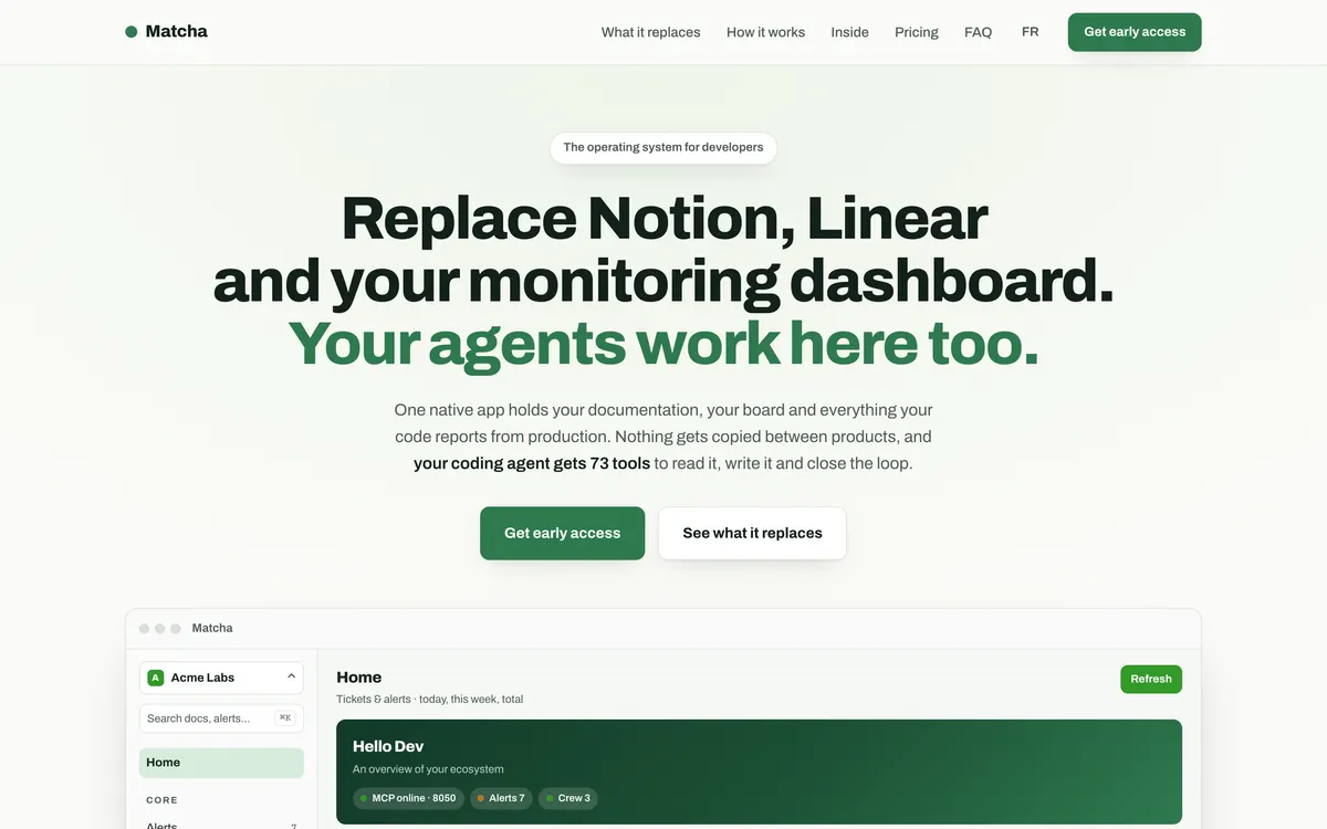 Page d'accueil du site de Matcha